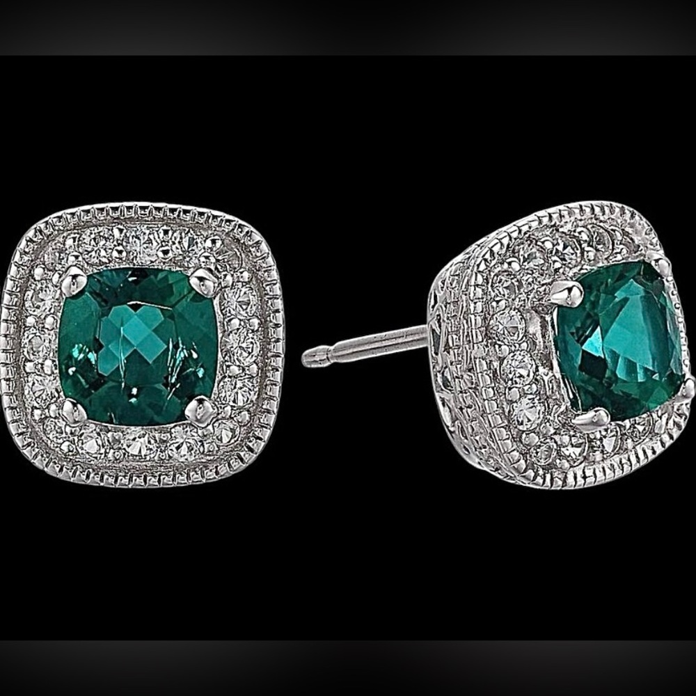 Emerald Green Cushion Halo Stud Earrings - Picture 2 of 4